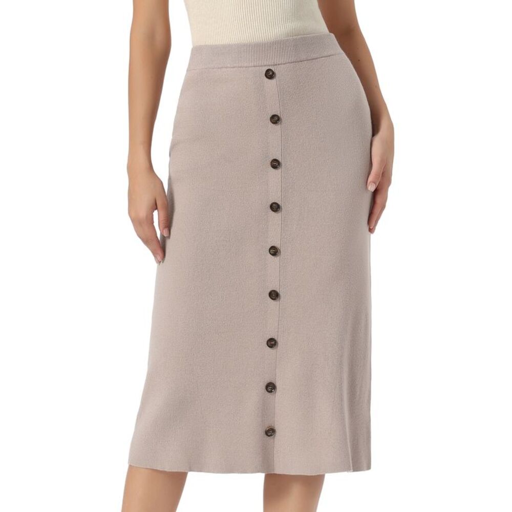 Women's High Waist Button Decor Sweater Skirt Knit Midi Skirt Apricot Pink